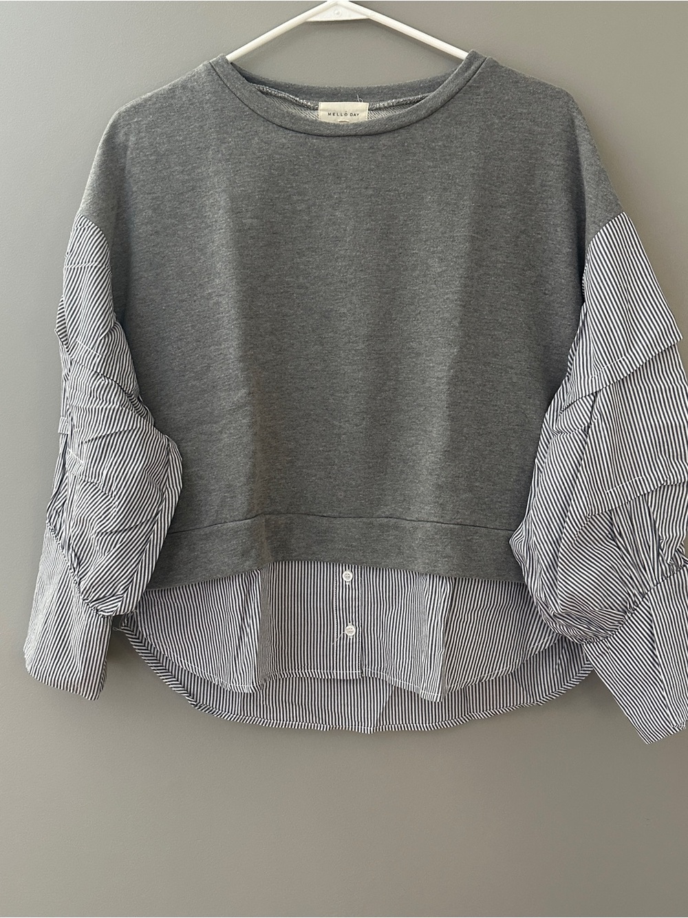 melloday women’s gray knit pullover top crew neck layered striped hem S